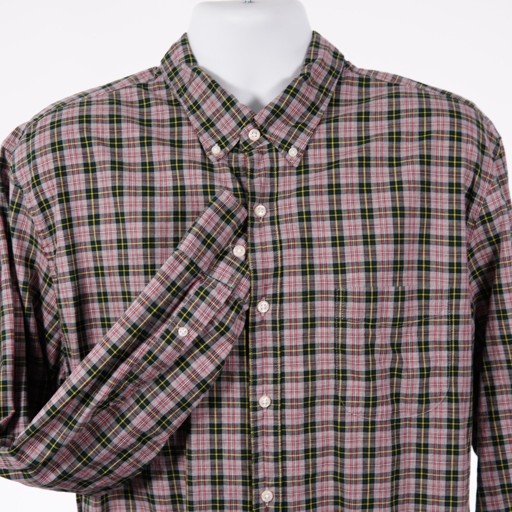 J. Crew Slim Mens XL Gray Red Blue Green Yellow Plaid Organic Cotton Button Down
